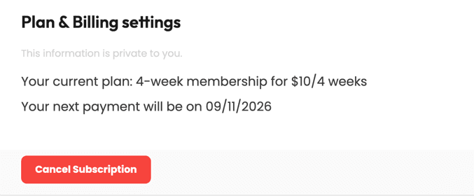 Plan & Billing settings with the ‘Cancel Subscription’ button
