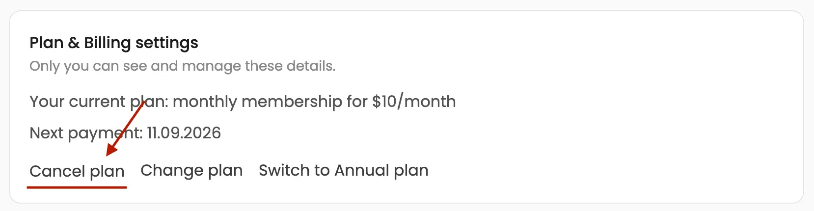 Plan & Billing settings with the ‘Cancel Subscription’ button