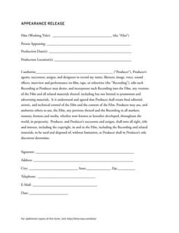 Appearance Release for Film Production and Usage form preview
