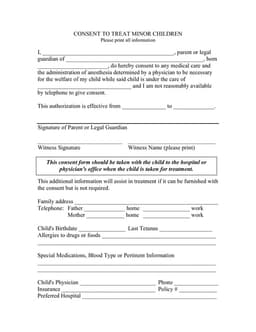 Child Medical Consent for Treatment and Anesthesia Authorization form preview