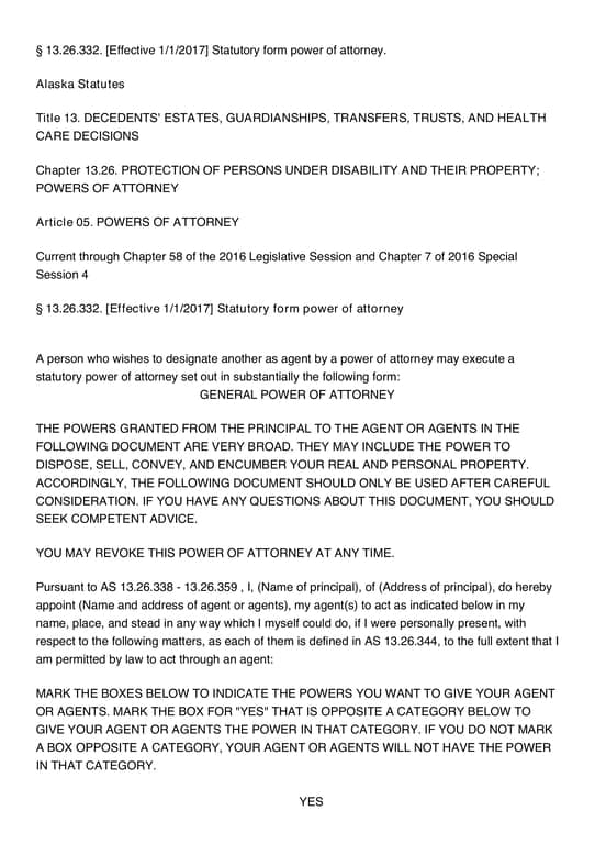 Alaska Statute 13.26.332 Power of Attorney Authorization