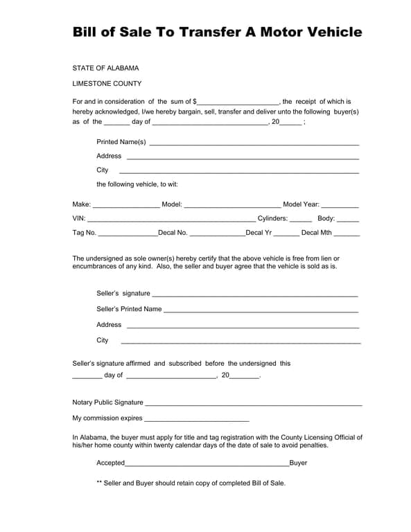 Alabama Motor Vehicles Sale Verification - Limestone County