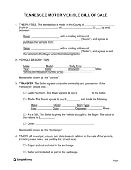 Tennessee Vehicle Sale Agreement Details form preview