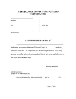 Franklin County Municipal Court Ohio Support Affidavit form preview