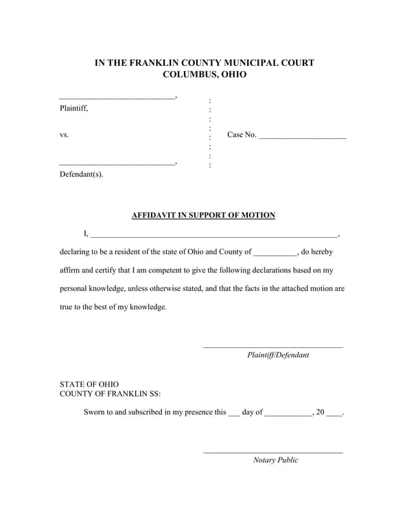 Franklin County Municipal Court Ohio Support Affidavit