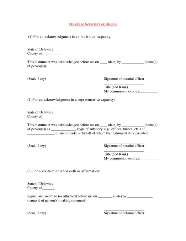 Delaware Notarial Certificate and Cash Receipt Acknowledgment