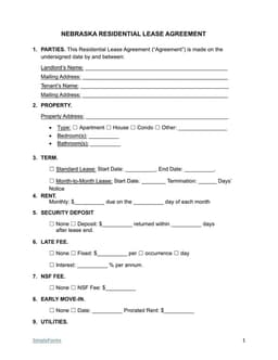 Nebraska Residential Lease Agreement - Covering Rental Rates, Deposits, and Subletting Rules form preview