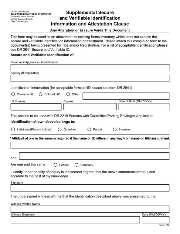 Colorado DR 2842 Identity Verification for Motor Vehicle Registration