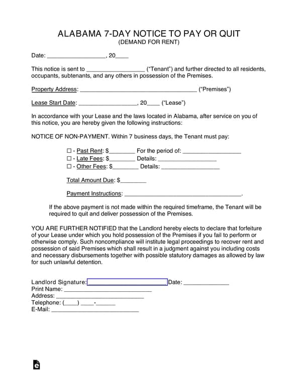 Alabama 7-Day Notice to Pay or Quit - Rent Demand Notice