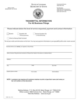 Louisiana Business Filings Transmittal Affidavit - Details and Notary Roll Number Requirement form preview