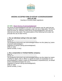 Arizona Notary Acknowledgment ARS § 33-506 form preview