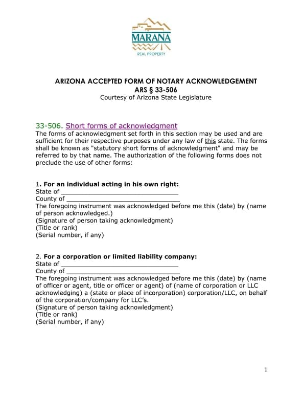 Arizona Notary Acknowledgment ARS § 33-506