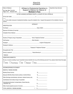 Ala. App. Med. Form 9A - Alabama Fee Waiver Request Due to Hardship form preview