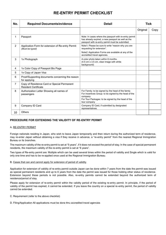 Re-entry Permit Extension Checklist