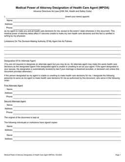Medical Power of Attorney Designation of Health Care Agent MPOA under Advance Directives Act §166.164 form preview