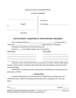 Alabama Marital Settlement Agreement for Minors - DeKalb County Superior Court and Atlanta Legal Aid Society Document form preview