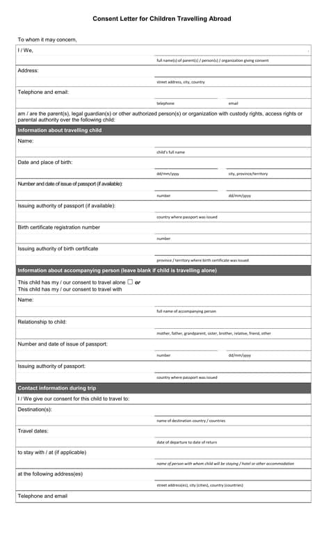 Child Travel Consent Abroad - Permission Documentation for Solo or Non-Guardian Accompanied Minor International Travelers