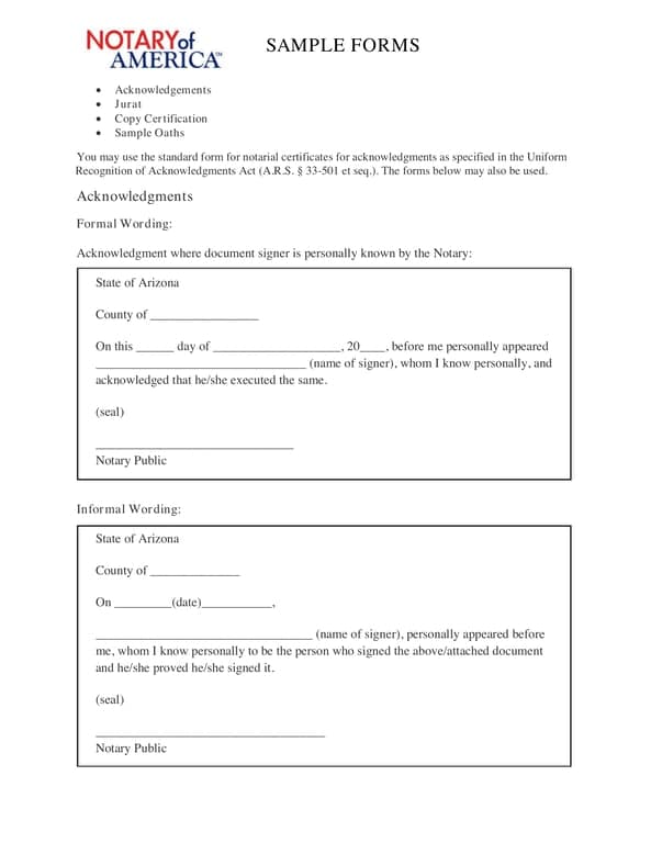 Arizona Child Travel Consent Notary Acknowledgment A.R.S. § 33-501