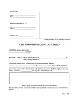 New Hampshire Quick Property Transfer Deed form preview