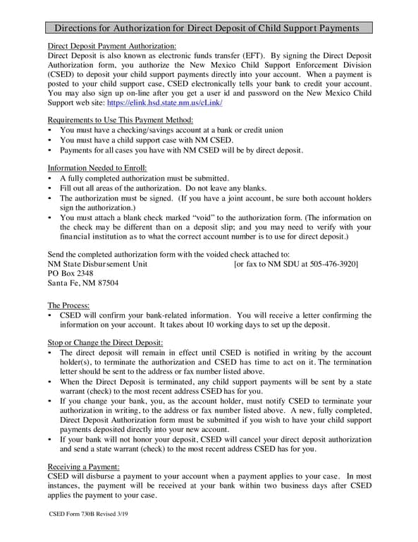 New Mexico Direct Deposit Child Support Payments - CSED 730B Revised 3/19