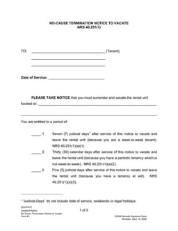 Nevada No Cause Termination Notice to Vacate #1 - NRS 40.251(1) form preview