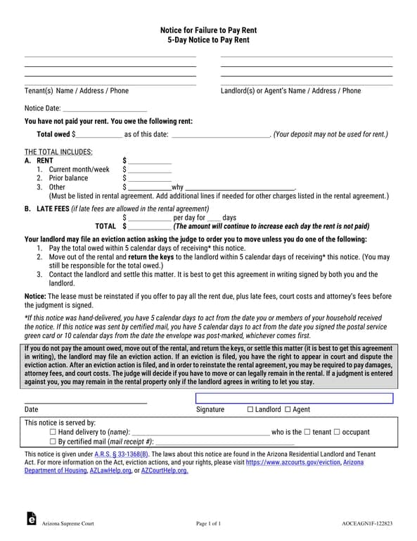 Arizona Supreme Court Notice for Failure to Pay Rent