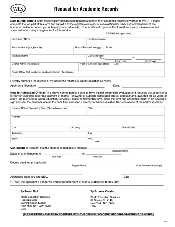 Canada WES Academic Records Transfer Request