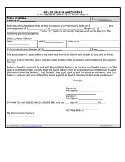 Alaska Automobile Sale Documentation with Odometer Details form preview