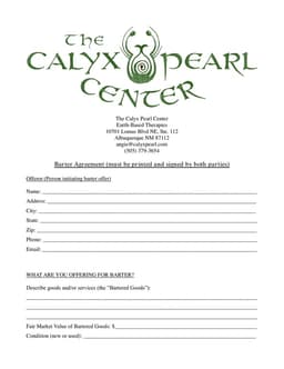 Calyx Pearl Center Barter Agreement for Trade of Goods or Services form preview