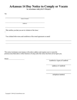 Arkansas 14 Day Notice to Comply or Vacate - Termination of Tenancy Under § 18-17-701(a)(1) form preview
