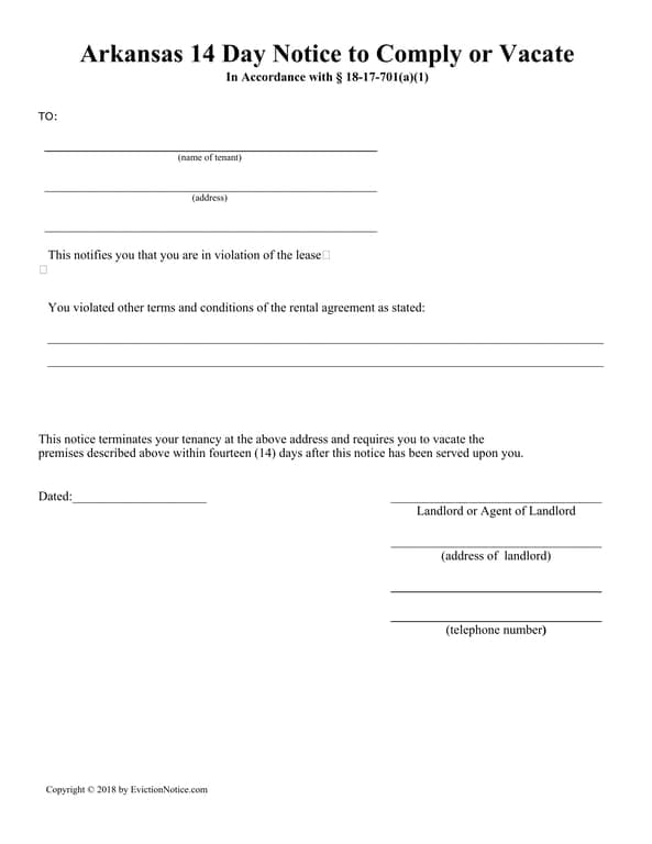 Arkansas 14 Day Notice to Comply or Vacate - Termination of Tenancy Under § 18-17-701(a)(1)