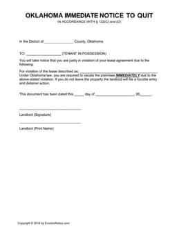 Oklahoma Immediate Notice to Quit - Lease Violation Notice (§ 132(C) and (D)) form preview