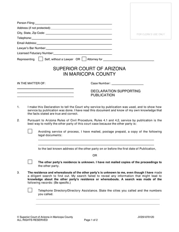 Arizona Superior Court JV25f-070120 - Support Affidavit for Service by Publication Documentation