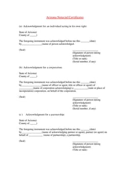 Arizona Notarial Certificates for Legal Acknowledgments form preview