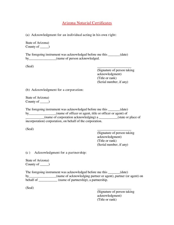 Arizona Notarial Certificates for Legal Acknowledgments
