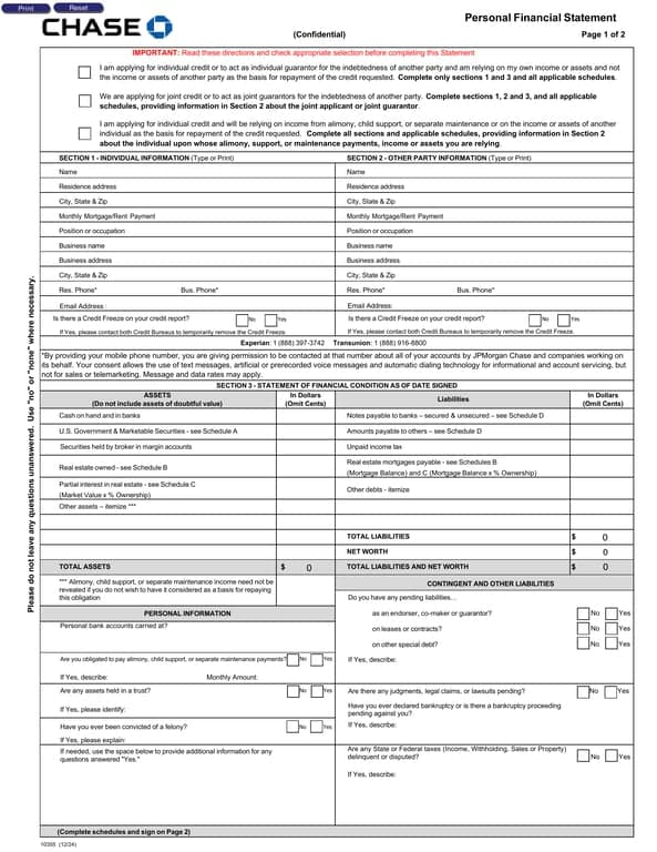 Personal Financial Statement for Credit Applications