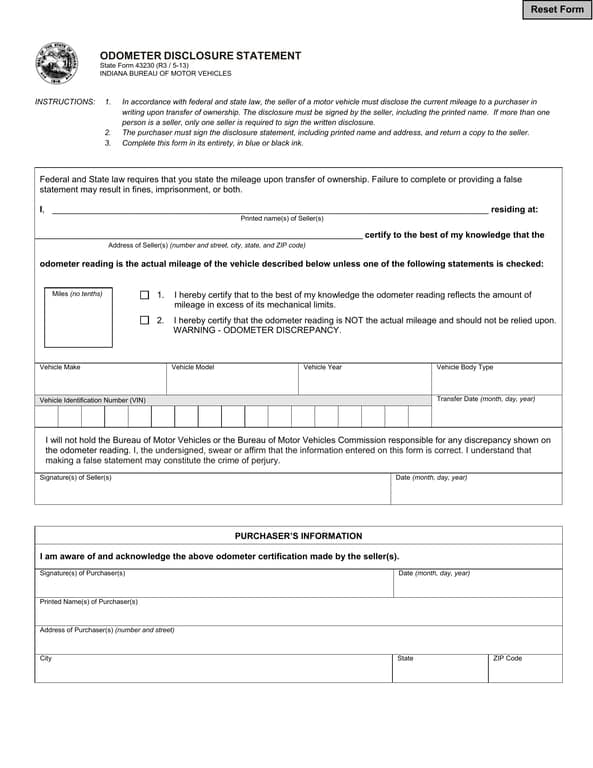 Indiana Bureau of Motor Vehicles Odometer Disclosure State Form 43230