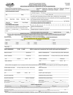 Kentucky Vehicle Title and Registration Application TC 96-182 form preview