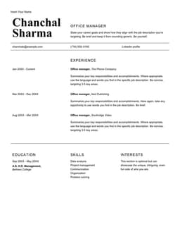 Classic office manager resume form preview