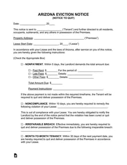 Arizona Unconditional Quit Notice - Legal Eviction Document for Outstanding Dues form preview