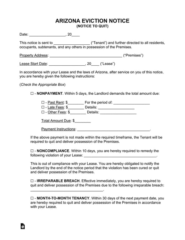 Arizona Unconditional Quit Notice - Legal Eviction Document for Outstanding Dues