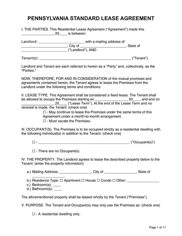 Get the most current Pennsylvania Standard Lease Agreement for Residential Property form now