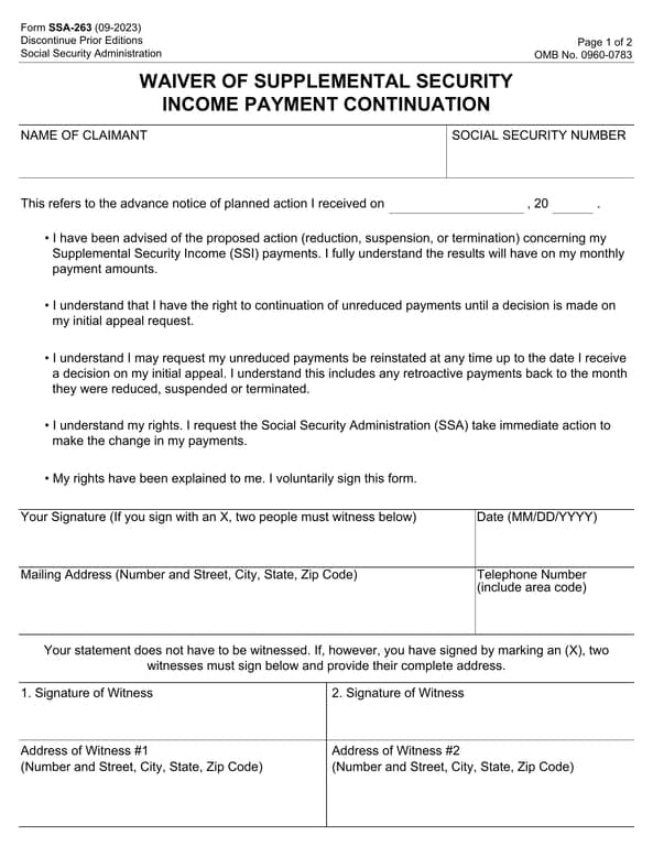 Social Security Administration SSA-263 - Waiver of SSI Payment Continuation