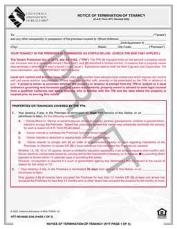 California Termination of Tenancy Notice - C.A.R Form NTT AB 1482 Compliance form preview