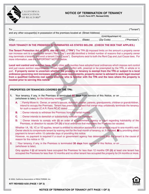 California Termination of Tenancy Notice - C.A.R Form NTT AB 1482 Compliance