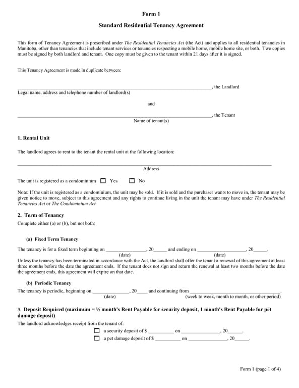 Manitoba Standard Residential Tenancy Agreement - Form 1