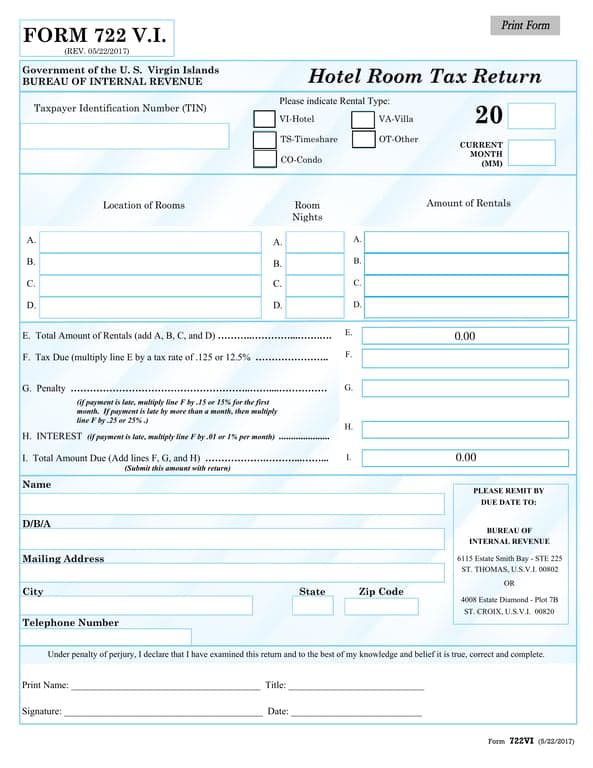Hotel Room Tax Return 722 V.I. - U.S. Virgin Islands Bureau of Internal Revenue