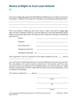 Nebraska Notice of Right to Cure Loan Default form preview