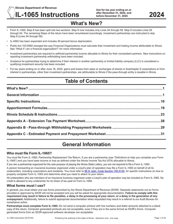Illinois IL-1065 Tax Year 2024 Update - New Steps and Bonus Depreciation Rules