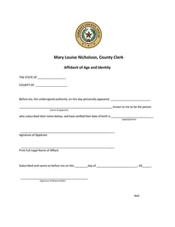 Texas Notarized Affidavit for Age and Identity Verification form preview